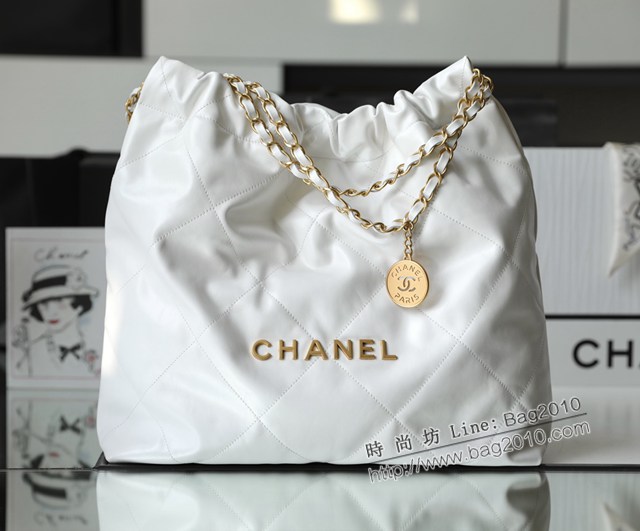Chanel專櫃新款火爆中號22bag包購物袋 香奈兒收納袋白色金扣原廠小羊皮鏈條肩背手袋手提袋 djc5259